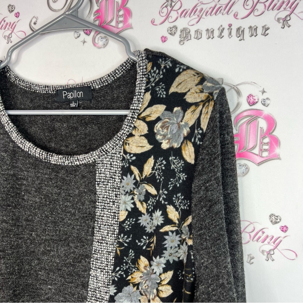 Papillon long sleeve dress flowers floral Blanc Charcoal Knit long top - Picture 4 of 9